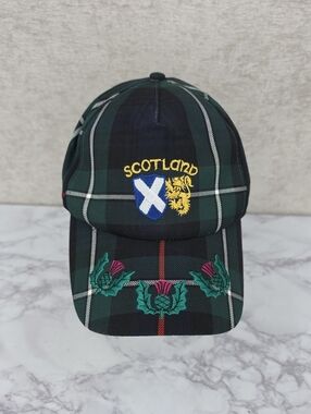 Scotland Vintage Tartan Plaid Embroidered Cap Hat Green Black Wool Cotton